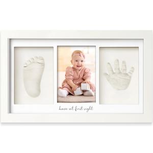 Baby Hand and Footprint Kit - Clay Handprint Keepsake Frame, Newborn Nursery Picture Frame, Personalized New Mom Gifts for Baby Shower & Registry (Alpine White) (Duo Frame, 13" x 7.9")