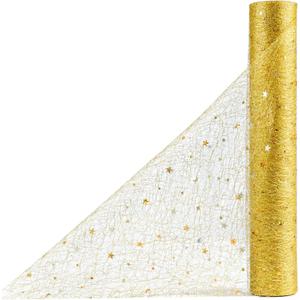 OSVINO Glitter Table Runner Roll - 11Inch x 33Feet Metallic Sequin Mesh with Stars & Moons, Sparkle Foil Wedding Table Decor for Bridal Shower, Baby Shower, Birthday Party, Christmas - Gold