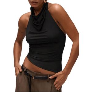 Milumia Women's Draped Neck Halter Tops Open Back Asymmetrical Hem Crop Tank Top