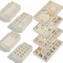 12 Pack Velvet Jewelry Organizer Trays for Drawer, Stackable Storage Display Case with Removable Dividers for Necklace, Bracelet, Rings, Earrings - Beige