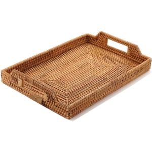 Handwoven Rattan Serving Tray with Handles 17" Rectangular Wicker Tray for Coffee Table, Breakfast, Drinks, Fruit, Snacks, Ottoman & Kitchen Counter Decor
