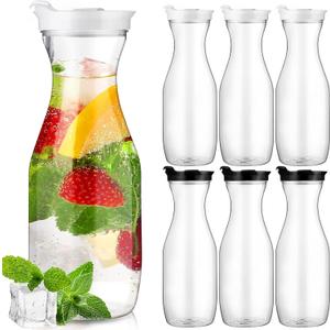 Gejoy 6 Pcs Plastic Water Carafe with Lids 32 oz Clear Juice Pitchers for Mimosa Bar Drinks Milk Iced Tea Beverage Containers for Home Restaurant School Fridge, Not Dishwasher Safe (White,Black Cap)