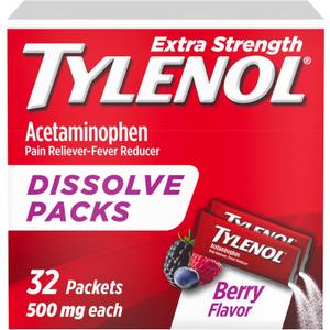 Tylenol Extra Strength Dissolve Packs, 500 mg Acetaminophen Pain Reliever & Fever Reducer, On-The-Go Powder Packets for Minor Aches & Pains, Ibuprofen- & Aspirin-Free, Berry Flavor, 32 ct (32 Count)