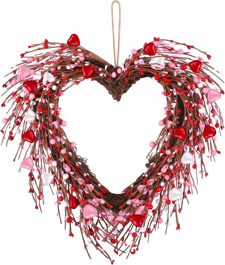 Aneco Valentine's Day Wreath 18 Inch Heart Shaped Wreath with Red Pink White Berry Handmade Valentine's Day Decorations for Anniversary Wedding Party Gift, Home Wall Window Front Door Decor