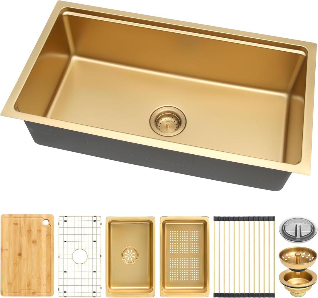 MILOSEN 32 Inch Gold Undermount Kitchen Sink, 32" x 18" Gold Stainless Steel Sinks, Single Bowl Workstation Sink with Custom Accessories, Modern Under Counter Design, 9'' Large and Deep Kitchen Sinks