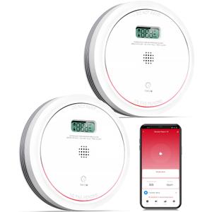 Wi-Fi Smoke Detector Carbon Monoxide Detector Combo with Replaceable Battery, Smart Smoke and CO Detector with LCD Display, 2 Packs