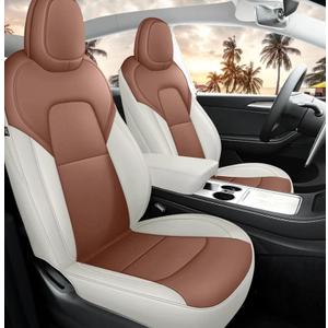 for Tesla Model Y Seat Covers 2020-2024 Nappa Leather Car Interior Seat Compatible with Airbag Cushion Cover 5 Seats (TY-Brown&Beige)