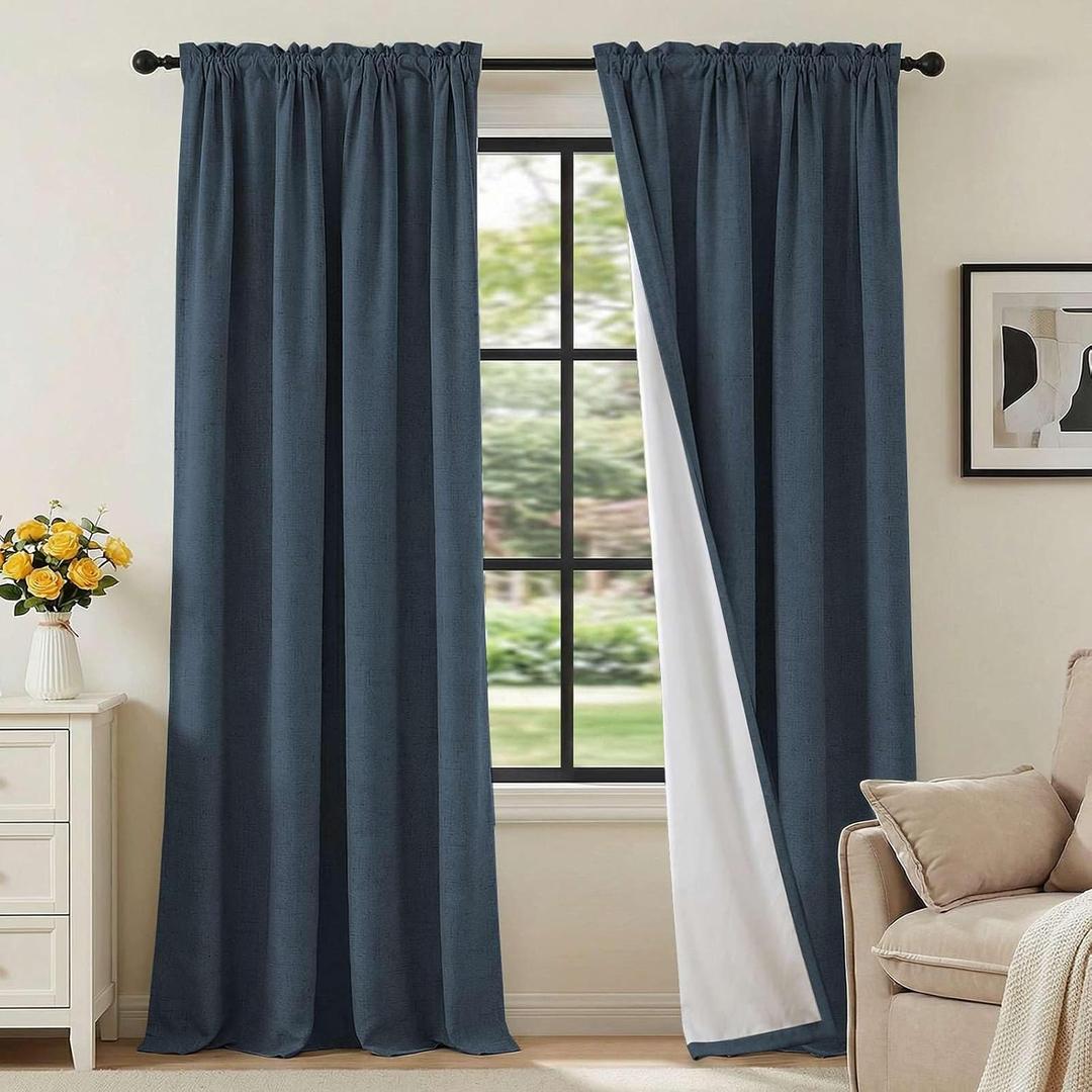 H.VERSAILTEX Linen Look 100% Blackout Curtains 95 Inches Long for Bedroom Full Light Blocking Rod Pocket Linen Textured Thick Window Curtain Drapes with White Backing, Navy, 2 Panels