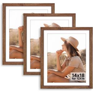 HLiWEGNS Light Walnut 14x18 Frame Set of 3 - Rustic Woodgrain 14 x 18 Poster Frame for Pictures 12x16 with Mat or 14x18 Picture Frame Without Mat for Wall Gallery Display - Ideal Christmas Day