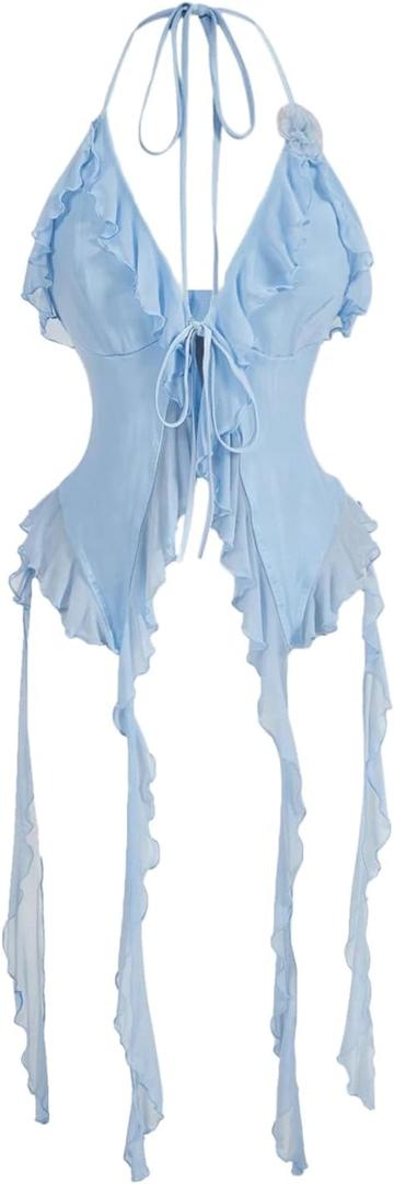 WDIRARA Women's 3D Flower Tie Front Ruffle Trim Halter Top Tie Backless Camisole (Blue, S)