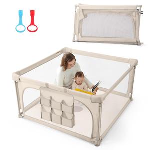 Baby Playpen,47"x47" Foldable Playpen for Babies and Toddlers,Large Play Pen with Zipper Door,Baby Play Pen Play Area(Light Khaki)