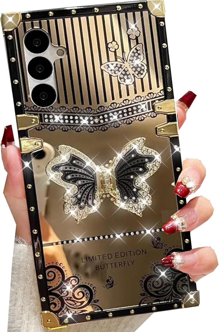 Changjia for Samsung Galaxy S25 Glitter Kickstand Case,Cute Luxury 3D Bling Sparkly Diamond Butterfly with Foldable Stand Mirror Elegant Shockproof Protective Case for Women Girls for Galaxy S25,Black