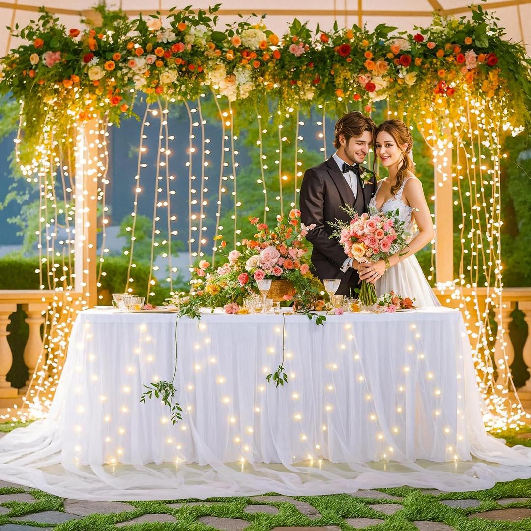 PARTISKY White Tulle Tutu Table Skirt for Rectangle Tables or Round Table,Led Light String Table Cloth for Wedding Baby Shower Birthday Party Dessert/Cake Tables