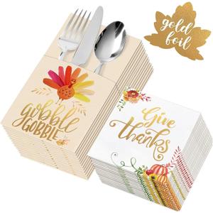 Thanksgiving Napkins - 54 Pack Gold Foil Napkins Paper (36 Pcs) with Cutlery Holders (18 Pcs) - Give Thanks Table Decorations for Autumn Fall Harvest Wedding Dinner Party Disposable Centerpiece Decor