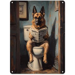 BEAROWL dog Metal tin signGerman Shepherd Reading Newspaper on ToiletVintage Bathroom SceneHumorous Pet Art TinplateWall Decor Aluminum Plaques for Bathroom, Living Room 12x16 inches