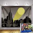 Bat Superhero City Scape Backdrop 5x3ft Full Moon Skyline Hero Party Polyester Banner Kid Adult Super Hero Birthday Party Cake Table Decoration Room Wall Decor Tapestry Photo Background