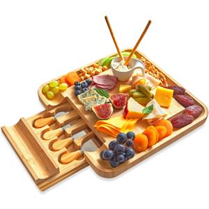 RoyalHouse Bamboo Cheese Board and Knife Set with Slide-Out Cutlery Drawer - Charcuterie Boards Set & Cheese Platter - Birthday Gifts for Women, Wedding Gifts for Couples 2025, Bridal Shower Gifts