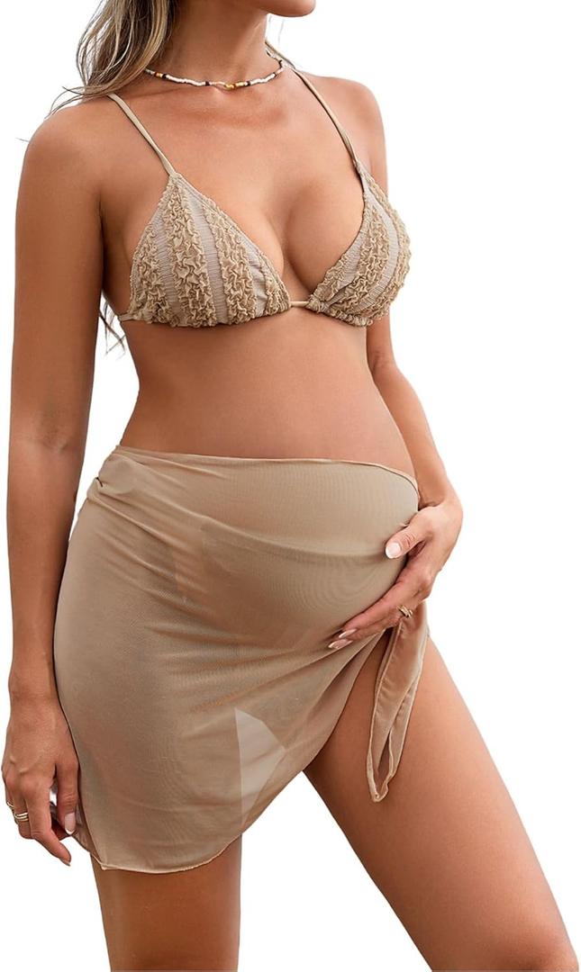 Verdusa Women's 3 Piece Maternity Bikini Sets Tie Backless Triangle Top and Thongs with Wrap Beach Skirt Swimsuit (Khaki), S