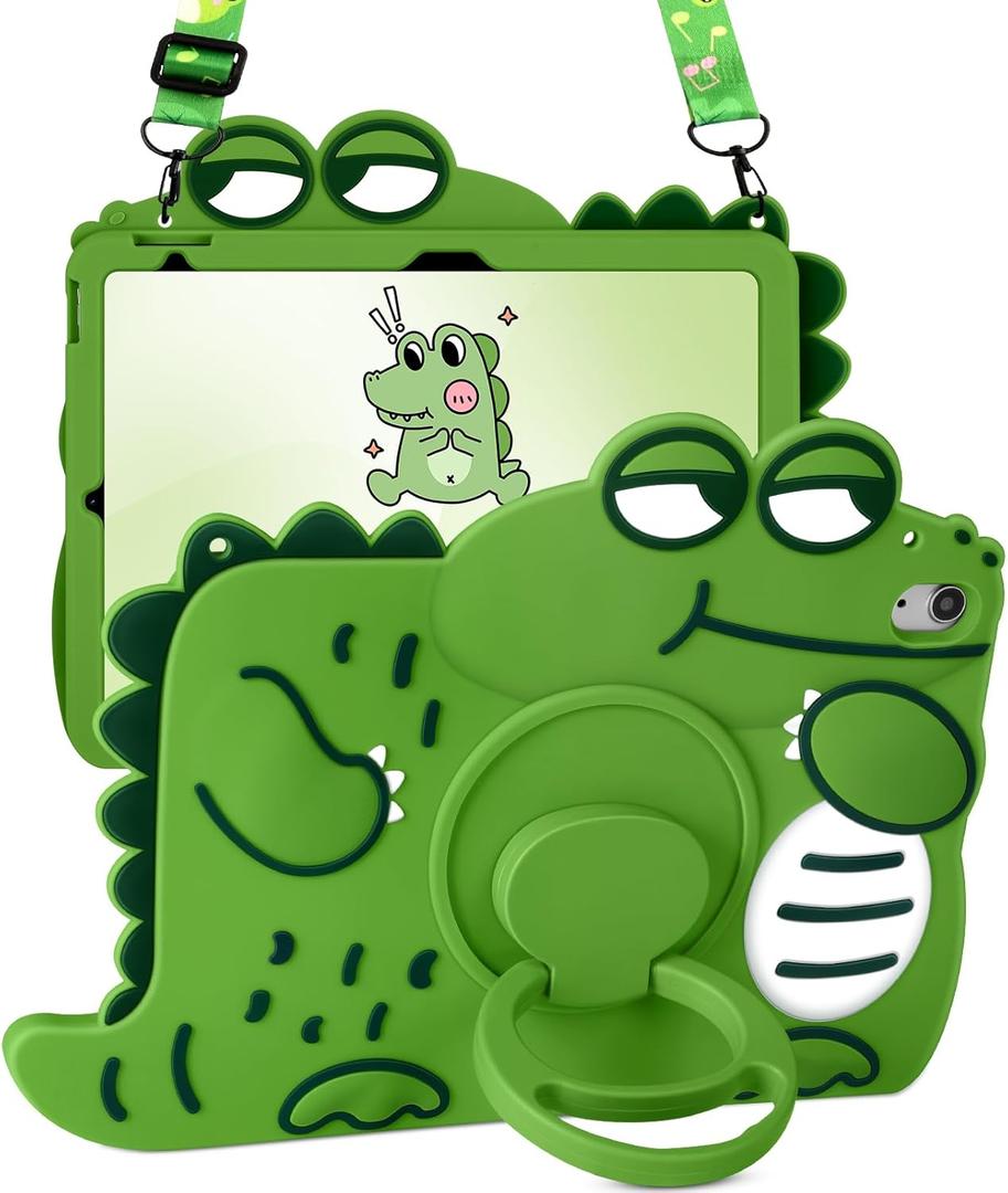 For iPad 10th Generation Case 10.9 Inch Girls Cute Girls Boys Kawaii Cover Girly 3D Cartoon Women with Rotating Handle Stand & Strap Soft Silicon Green Funda for Apple iPad 10th Gen Cases