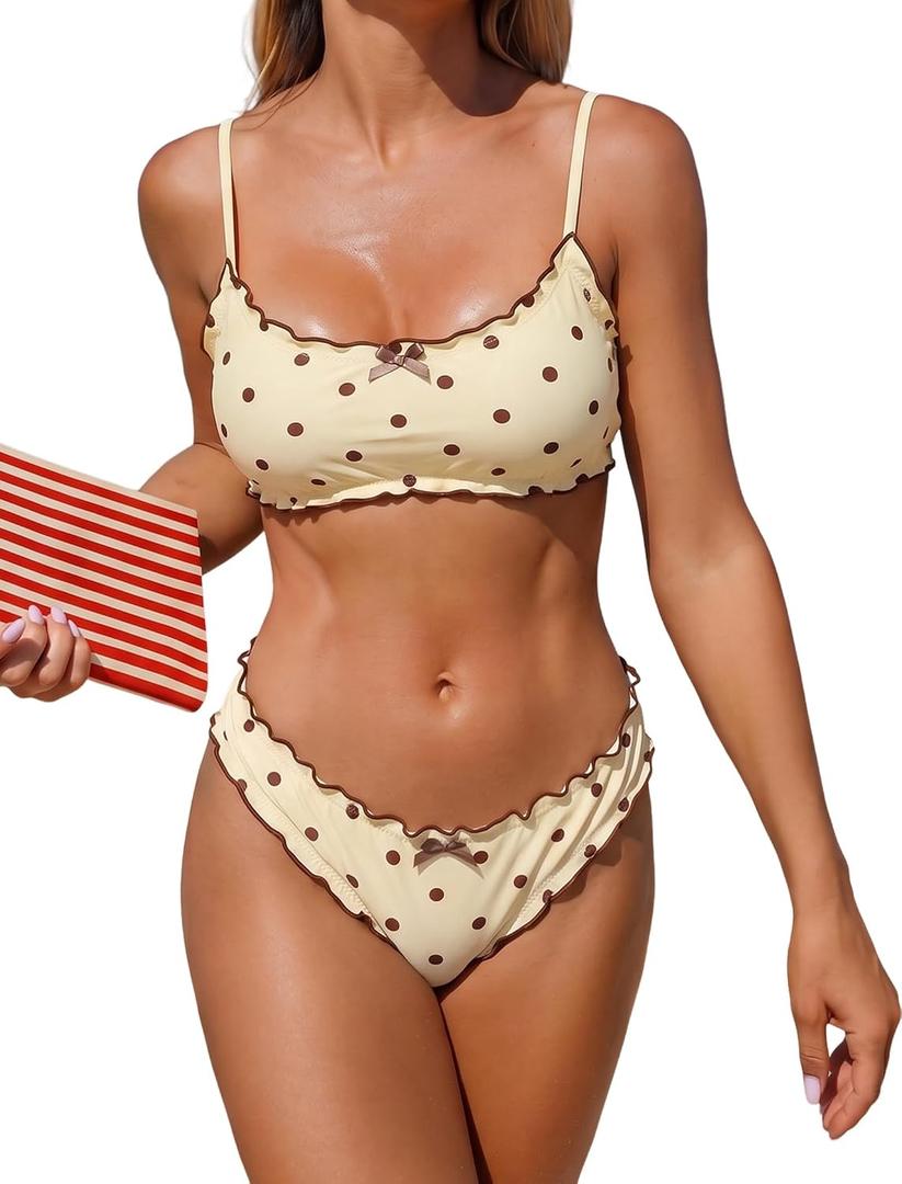 ZAFUL Womens Bikini Set 2 Piece Swimsuit Bandeau Top Cute Plaid Ruffled Bow Decor Cheeky Bathing Suits (Yellow, L)