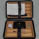 Leather Cedar Wood Case and All in One Double Jet Flame Torch Lighter Set, Built-in Cutter, Punch and Holder Function, Travel Box with Hygrometer, Draw Enhancer Tool, Gifts for Men.