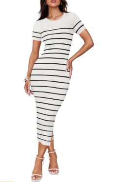 ZESICA Women's 2025 Summer Bodycon Midi Dress Striped Short Sleeve Ribbed Knit Slim Fit Side Slit Vacation Long Dresses, Small