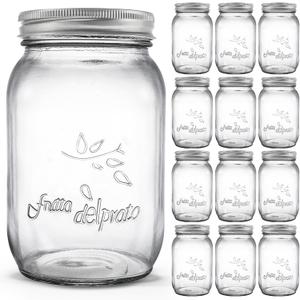 Cedilis 12 Pack Wide Mouth Mason Jars, 32 oz Glass Canning Jar with Lids and Bands, Clear Quart Mason Jars for Preserving Fruits, Vegetables, Pickles, Tomato Juices and Sauces