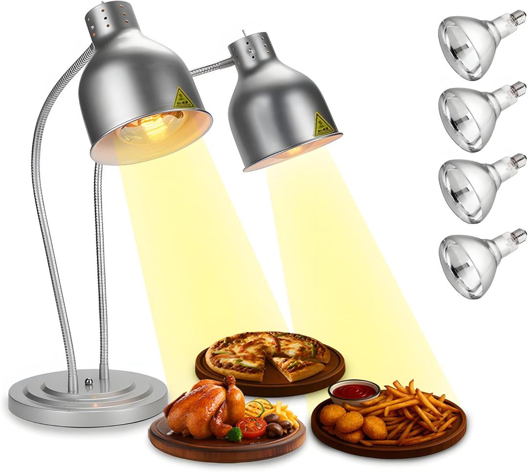 Food Heat Lamp - 550W Portable Electric Food Warmer, 4 Bulbs Included - Stainless Steel Double-Head Food Warmers for Parties Buffet Catering, Food Service, Hotels, Restaurants, Cafeteria (Silver)