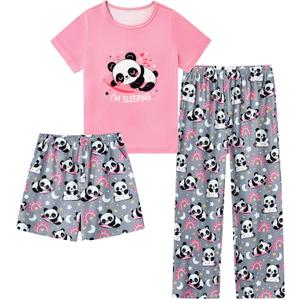 Funnycokid Girls Pajamas 3 Piece Short Sleeve Shirt Top Pants Shorts with Pockets (7-8 Years)