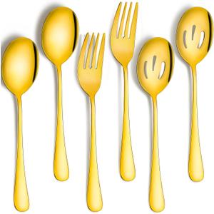 Patelai 6 Pack Serving Spoons Set Includes 4 Serving Slotted Spoons and 2 Forks Stainless Steel Buffet Dinner Restaurant Set for Party Banquet, 8.7 Inch(Gold)