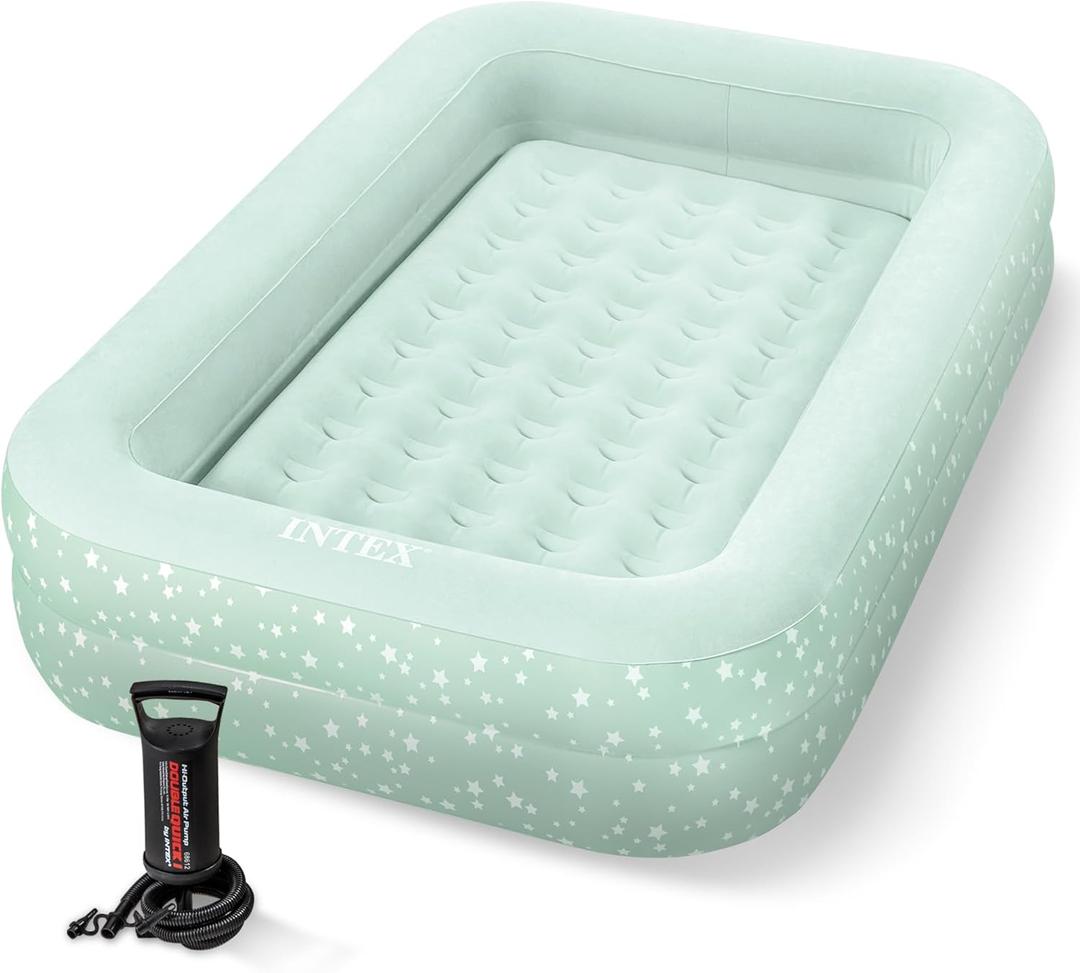 Intex Kids Travel Air Mattress Inflatable Bed with Raised Sides and Hand Pump - Portable Blow-Up Toddler Traveler Bed for Children's Naps or Sleep (Mint Green)