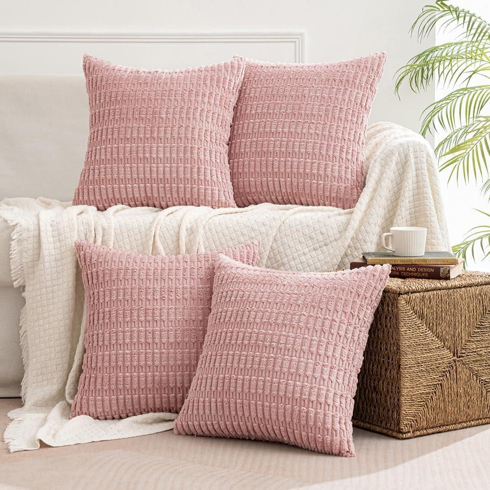 MIULEE Pack of 4 Blush Pink Corduroy Decorative Valentines Throw Pillow Covers 18x18 Inch Soft Spring Boho Striped Pillow Covers Modern Farmhouse Home Decor for Sofa Living Room Couch Bed