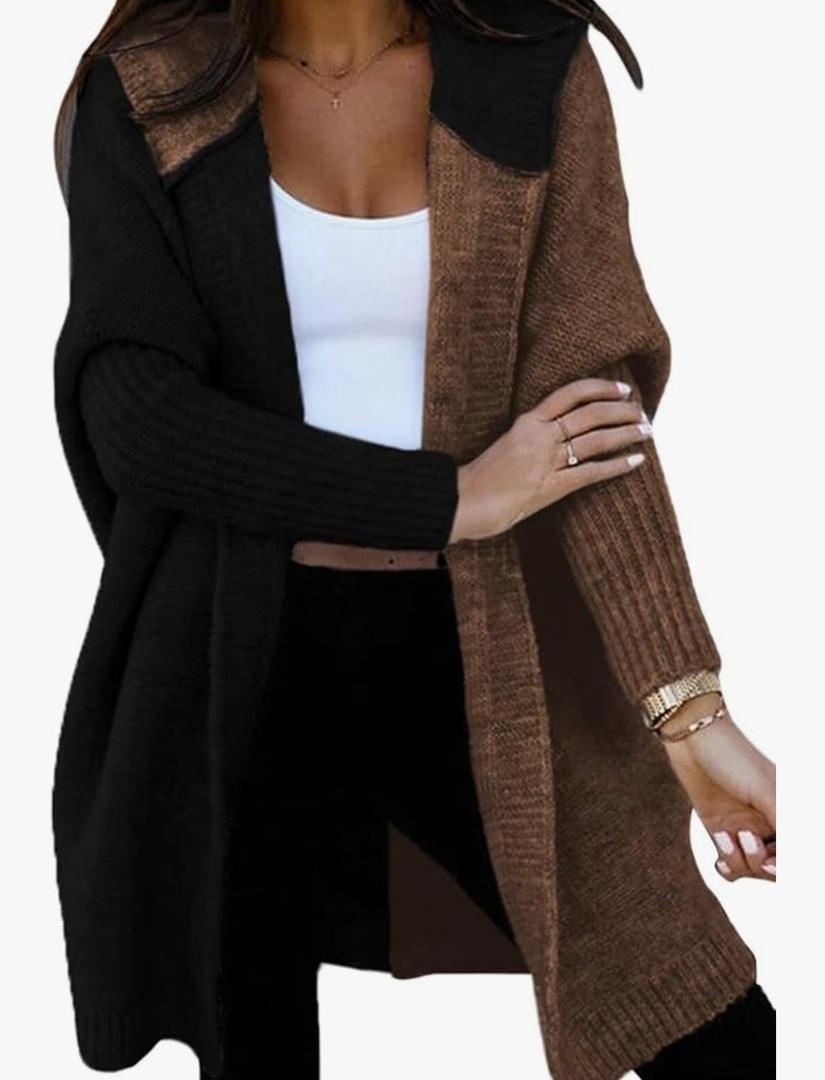 Astylish Women 2025 Fall Outfits Open Front Long Sleeve Hooded Knit Cardigan Sweaters Color Block Outwear Coats L