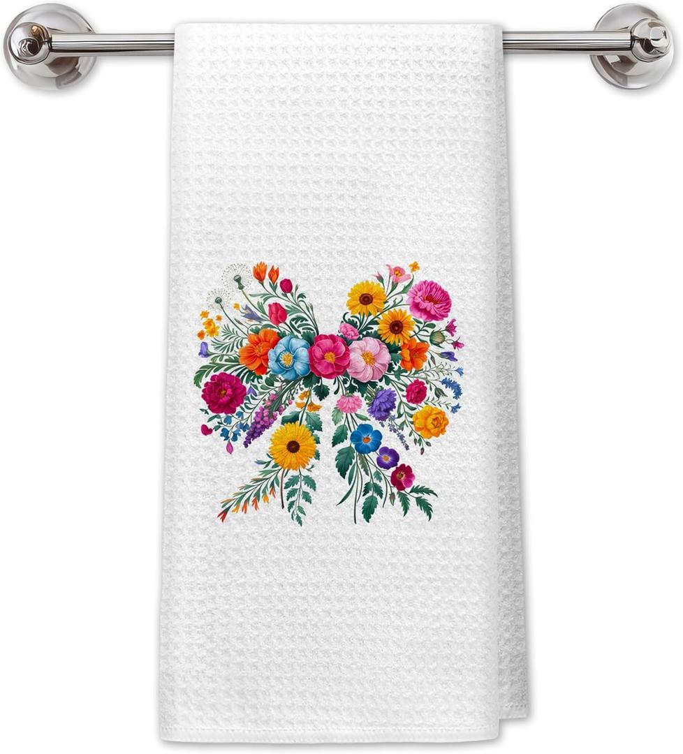 Wildflower Coquette Bow Kitchen Towels, Cottagecore Colorful Floral Dish Tea Towels for Kitchen Decor, Vibrant Botanical Floral Bow Hand Towels for Bathroom Decor, 16x24 Inch