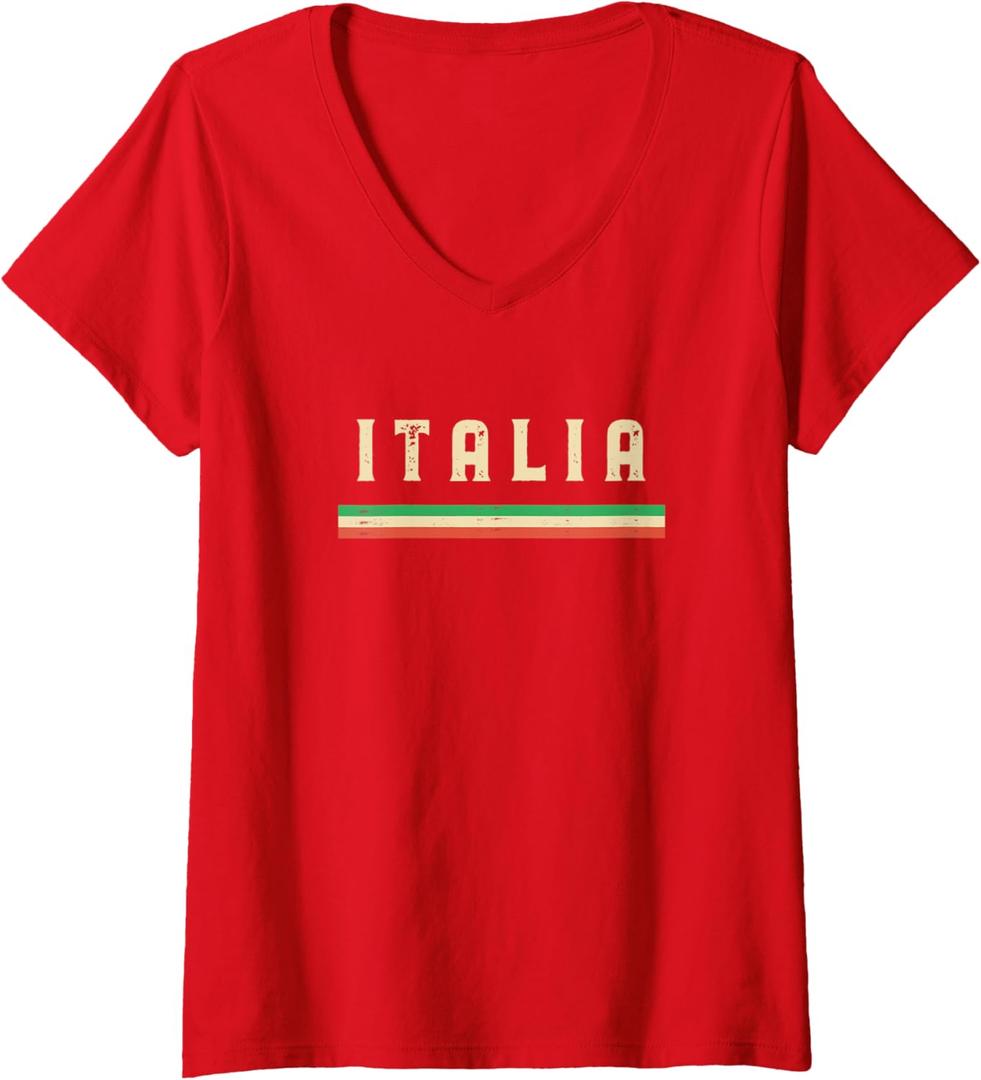 Womens Vintage Italia / Italy Design with Italian Flag V-Neck T-Shirt, Red, Small