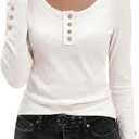 Stelle Women's Ribbed Knit Henley Long Sleeve Button Top Loose Fit (White, S)