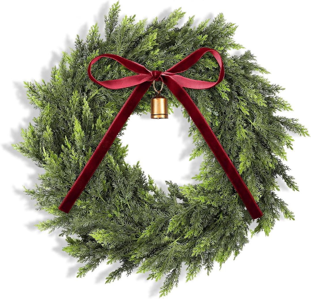Dingion 12 Inch Real Touch Christmas Cedar Wreath Artificial Cedar Wreaths for Front Door Winter Faux Green Fake Pine Cypress Wreath with Red Bow for Window Outdoor Indoor Wall Home Xmas Holiday Decor