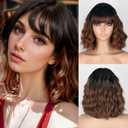 MISSQUEEN Short Brown Wig with Bangs for Women Shoulder Length Bob Curly Women's Charming Synthetic Black to Brown Wigs Natural Wavy Heat Resistant Hair for Daily Party Use