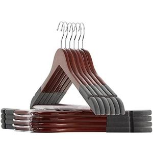 TECHMILLY Solid Natural Wooden Coat Hangers, 10 Pack Heavy Duty Smooth Finish Suit Hangers with Non-Slip Pant Bar, Precisely Cut Notches & Chrome Swivel Hook for Closet, Wardrobe