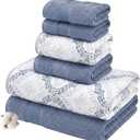 Modern Threads Capri 6-Piece Reversible Yarn Dyed Jacquard Towel Set - Bath Towels, Hand Towels, & Washcloths - Super Absorbent & Quick Dry - 100% Combed Cotton, Denim,Soft Geometric