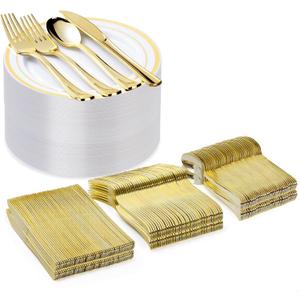 300PCS Gold Plastic Plate Set (50 Guests), Plastic Plates for Party Wedding Birthday, Disposable Dinnerware Set of 100 Plates, 100 Forks, 50 Spoons, 50 Knives for Christmas