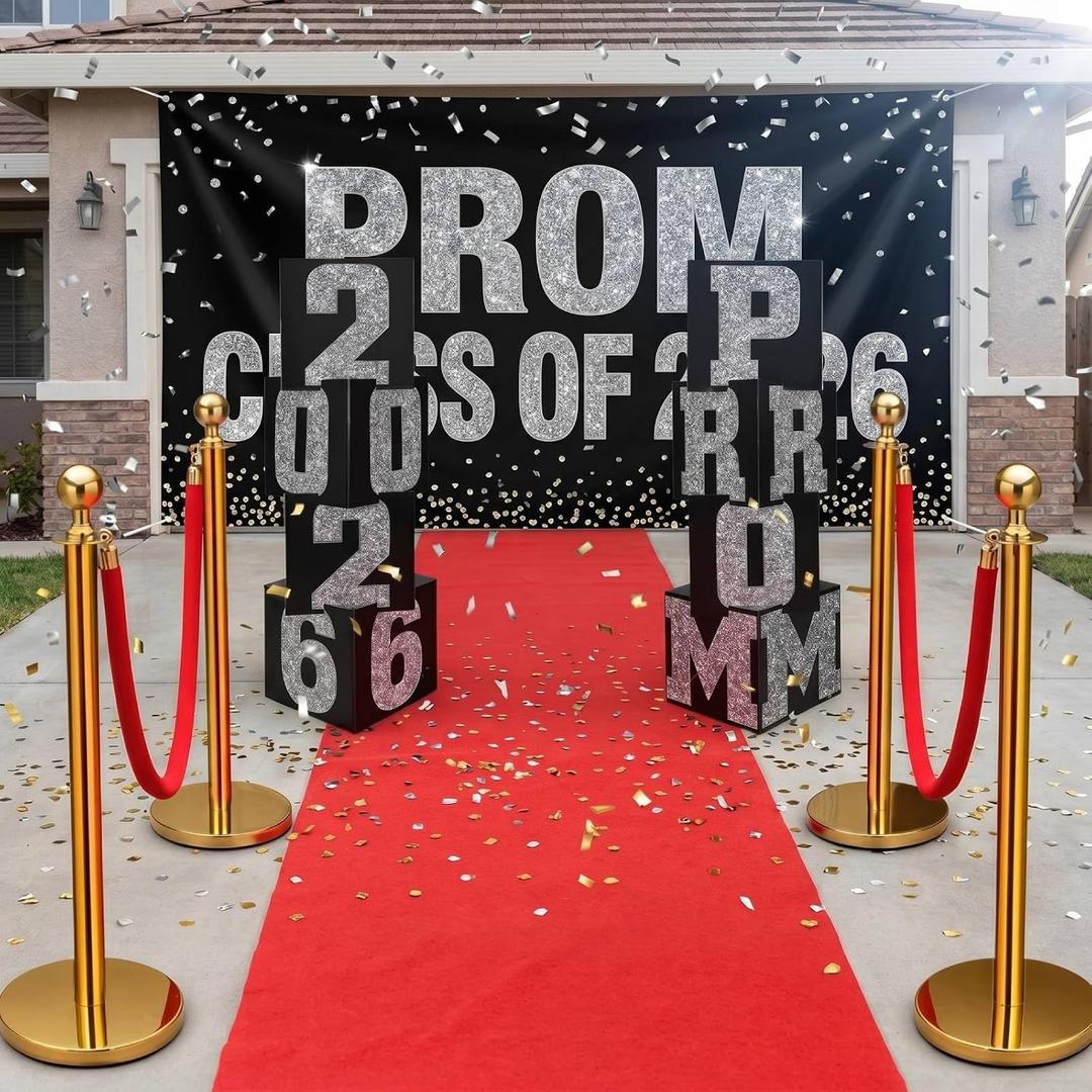 Yexiya 16 Pcs 2026 Prom Graduation Decoration Kit with Gold Stainless Steel Stanchions with Red Ropes and 27.8 X3.28 ft Red Carpet Runner Prom Box Column Tape Photo Booth for Birthday Party College