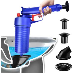 Toilet Plunger Set, Drain Clog Remover with 4 Sized Suckers, High Pressure Air Drain Blaster Gun, Tub Drain Cleaner Opener, Sink Plunger for Bathroom, Kitchen, Toilet, Floor Drain, Clogged Pipe Blue