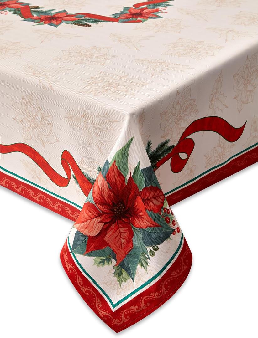 YiHomer Poinsettia Ribbon Engineered Printed Fabric Christmas Tabletop for Xmas Winter Holiday, Christmas Time, Tablecloth, 52 x 52 Square