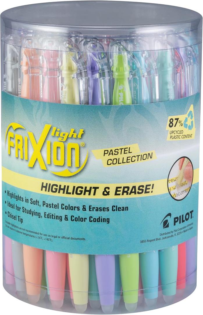 Pilot FriXion Light Pastel Erasable Highlighters, Chisel Tip, Pack of 36, Assorted Aesthetic Highlighters - Ideal for School, Journaling, and Office Use