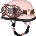 Motorcycle Half Helmet Retro German Handmade Leather Half Face Quick Release Buckle & Goggles - DOT Approved (Pink, L)