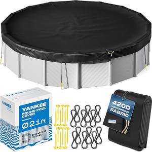 Yankee Diamond Series Pool Covers for Above Ground Pools | All-Weather Windproof Light 21ft Round Pool Cover w/ 12 Screw-In Pegs, 12 Ropes | 3 Mounting Methods, Strong Fastenings for Triple Protection, Size 21" ft 