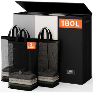 SOLEDI Laundry Hamper 3 section with lid and 3 Pcs Bag, Large Hamper 3 compartment 180L, Laundry Basket Laundry sorter Clothes hamper for Laundryroom Bedroom Blanket Storage Organizer (Black/White/Grey)