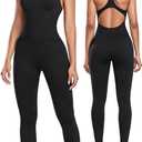 OLCHEE Womens Workout Jumpsuits Seamless Yoga Gym Bodycon Rompers Sexy Racerback Tummy Control Padded Bra Unitard (Small, Black)