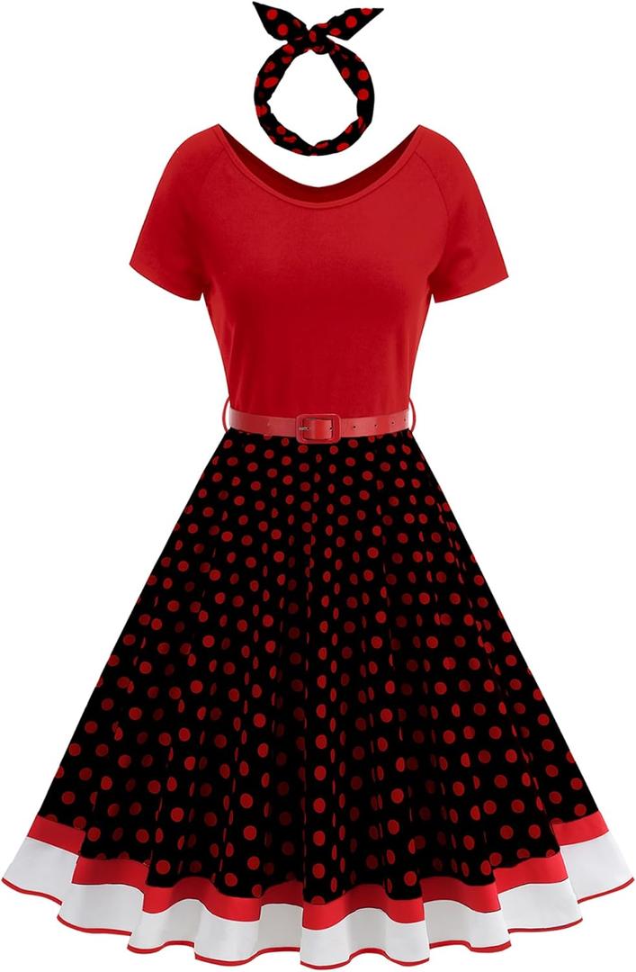 Women's 1950s Retro Vintage Cocktail Party Swing Dresses Polka Dot Audrey Skirt with Belt and Headband Halloween Costume (Black, M)
